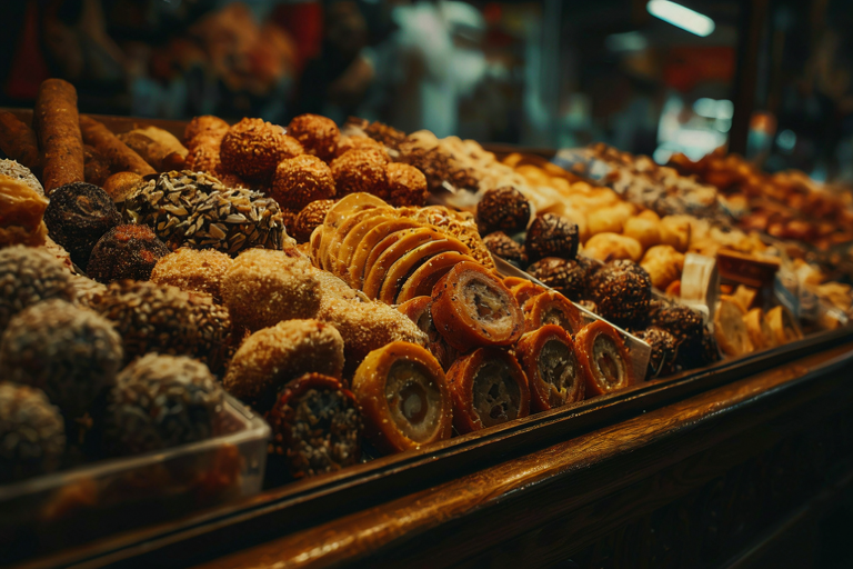 Editorial illustration of authentic Russian confectionery displayed on dark wood, contrasting with a subtly blurred, modern marketplace background.