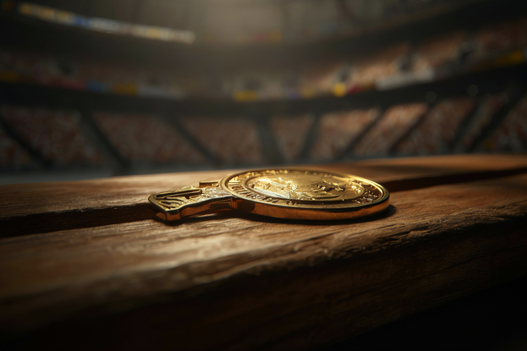 A single, detailed gold medal rests on a dark wooden surface with a softly blurred grand arena background.