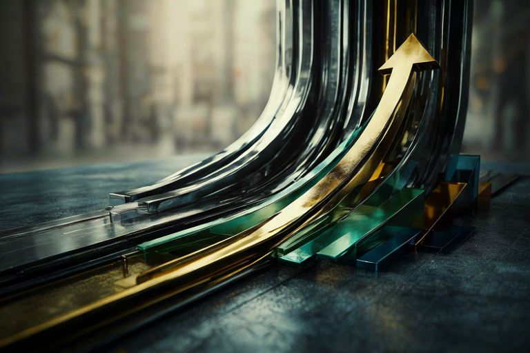 Abstract illustration of a massive, upward-trending column of polished metal representing significant financial growth and capital flow in a modern market setting.
