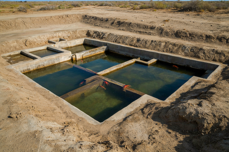 Editorial illustration of freshwater crayfish farming in a dry, sandy region using controlled aquaculture tanks.