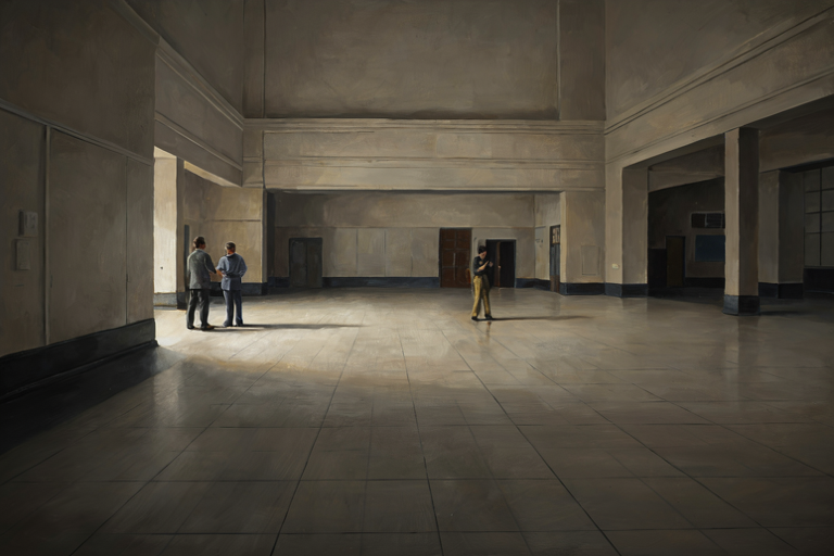 A wide, somber editorial illustration of an empty school hall with cool, diffused lighting, emphasizing the scale and quiet aftermath of an investigation.