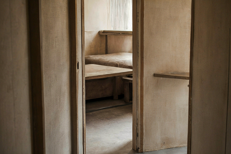 Interior view of a compact, functional living area in a modest residential unit, highlighting the arrangement of essential furniture under soft natural light.