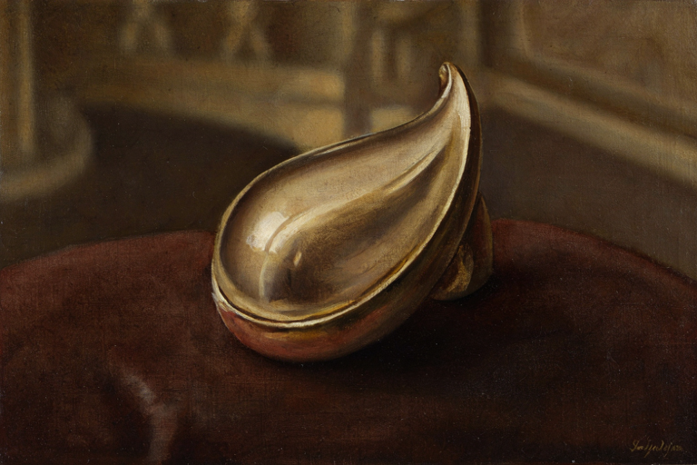 A close-up editorial illustration of a pear-shaped gold piece of jewelry resting on a dark, textured surface, emphasizing refined form and warm, directional lighting.