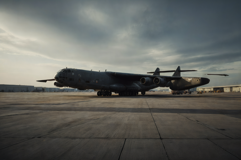 A large military bomber rests on an airfield tarmac under a dramatic, overcast sky, symbolizing a strategic withdrawal.