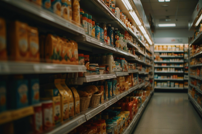 Editorial illustration of a warmly lit, modern retail aisle featuring a simple display of everyday household goods, emphasizing reliability and routine.