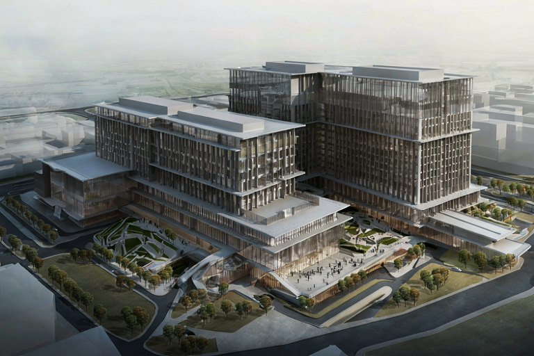 A wide editorial illustration of a large, modern hospital complex with multiple interconnected buildings on an expansive site.