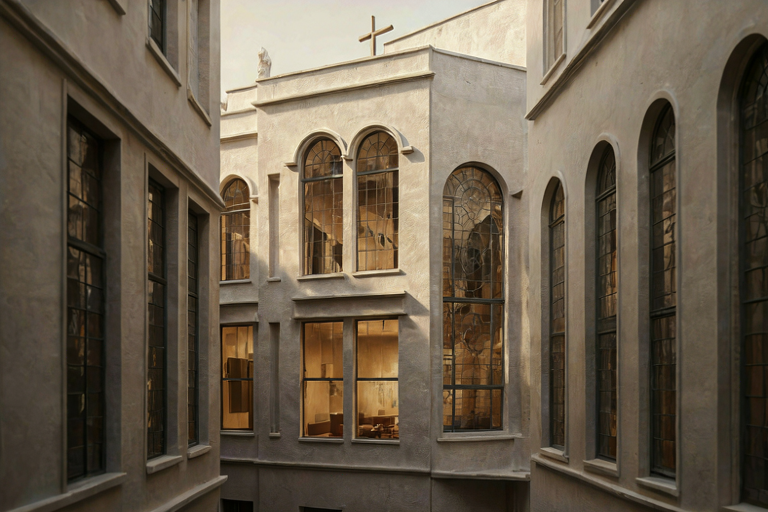 Editorial illustration of a historic, whitewashed three-level building in Silver Lake, featuring stained glass and a cross on the roof, now operating as a boutique hotel.