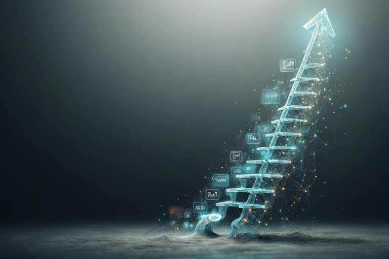 Conceptual illustration of a four-step digital talent ladder ascending from a grounded base into a bright future.