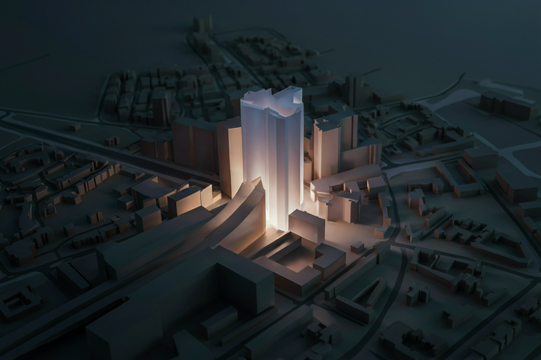 Conceptual illustration of a modern cityscape with a central glowing structure symbolizing innovation attracting investment.