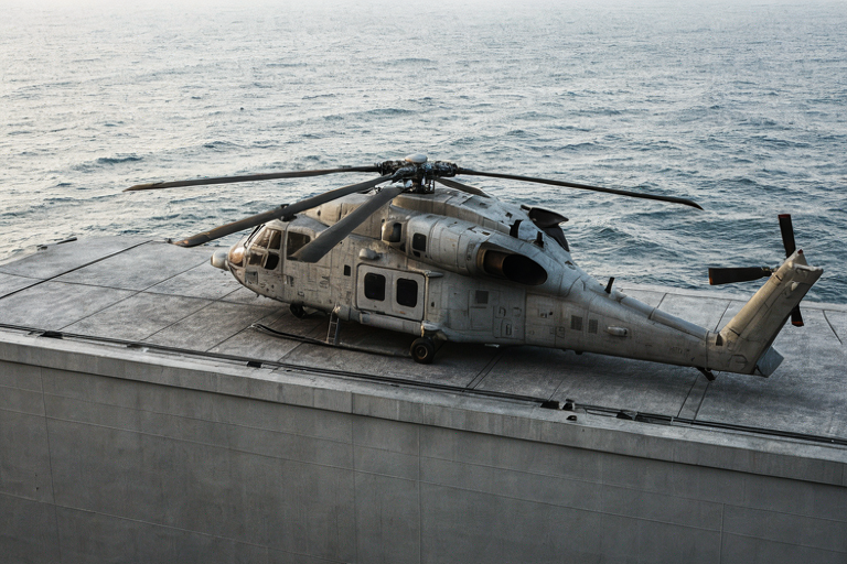 Editorial illustration of a military attack helicopter positioned near a naval vessel on the open sea.