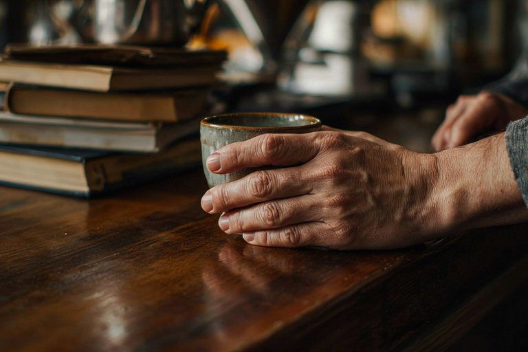An aged hand holding a ceramic coffee mug on a wooden counter, surrounded by coffee books in a warm, focused light.