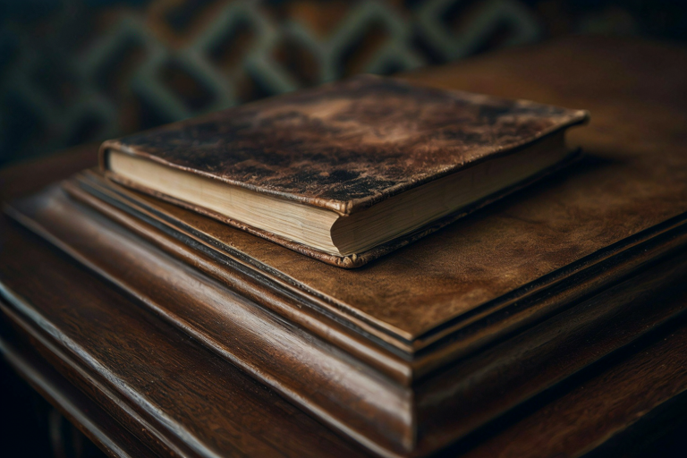 A dignified illustration of a heavy, aged legal book on a dark wooden surface, symbolizing political legacy and counsel.