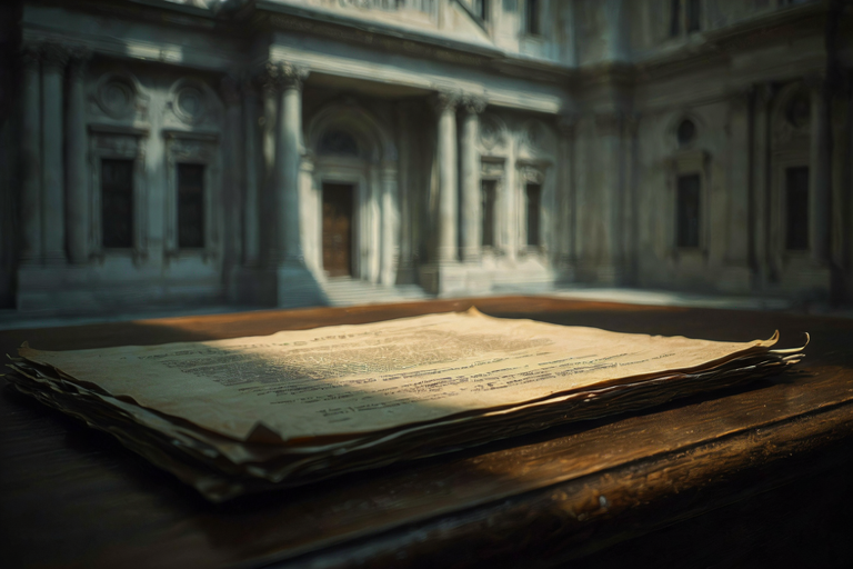 Editorial illustration depicting a legal document under dramatic light within a formal, shadowed setting, symbolizing a judicial review.