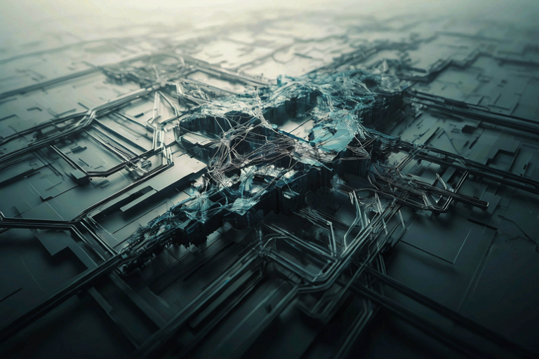 An abstract illustration of a large network structure absorbing a smaller, fractured network structure, symbolizing a corporate acquisition in the telecommunications sector.