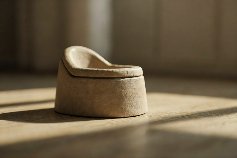 A ceramic potty chair resting on a light wooden floor, illuminated by soft directional light.
