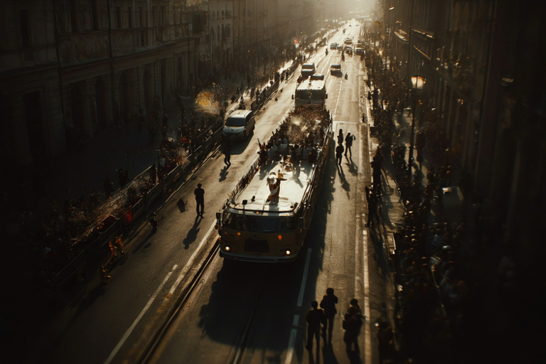 A wide view of a celebratory parade moving through a city street, focusing on the open-top transport vehicle amidst a large crowd.