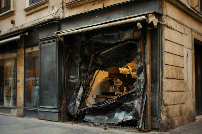 Editorial illustration of a damaged shop facade following a vehicle impact.