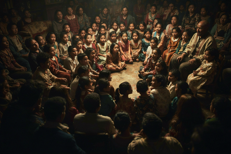 An editorial illustration depicting a gathering of rescued children in a warmly lit interior, symbolizing a moment of recognition.
