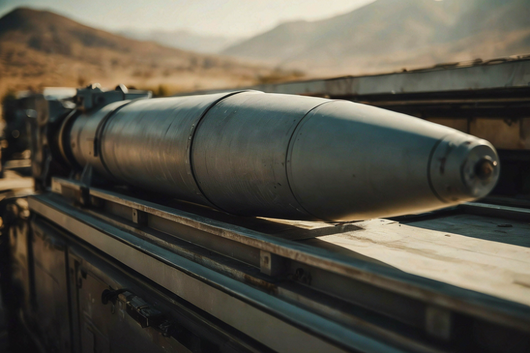 Conceptual illustration of a short-range surface-to-air missile system on an industrial platform against a blurred mountainous backdrop.