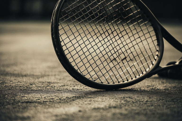 A professional tennis racket rests on a textured court surface with dramatic lighting, suggesting a hard-fought match.