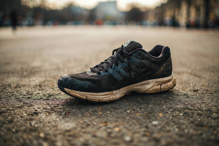 A single, worn running shoe rests on damp asphalt in a large, open park setting under an overcast sky.