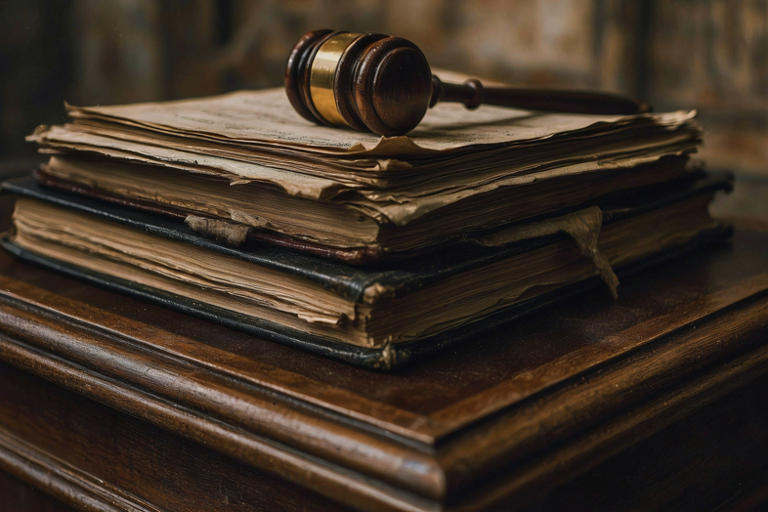 A stack of legal documents with a brass gavel resting on a dark wood surface, symbolizing legal action.