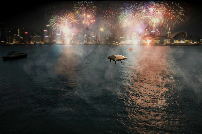 Conceptual illustration of a small drone suspended over a dark harbor against the backdrop of distant fireworks.