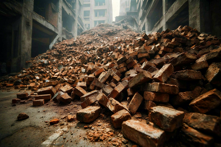 Conceptual illustration of a pile of fallen bricks against the backdrop of a construction site.