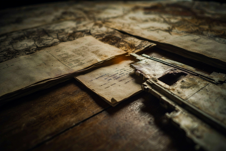 Conceptual illustration of an open historical archive document juxtaposed with a piece of metallic aircraft wreckage under focused light.