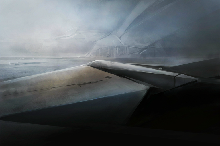 Editorial illustration of a large, angular heavy bomber on an austere airfield under a dramatic sky, symbolizing a strategic military withdrawal.
