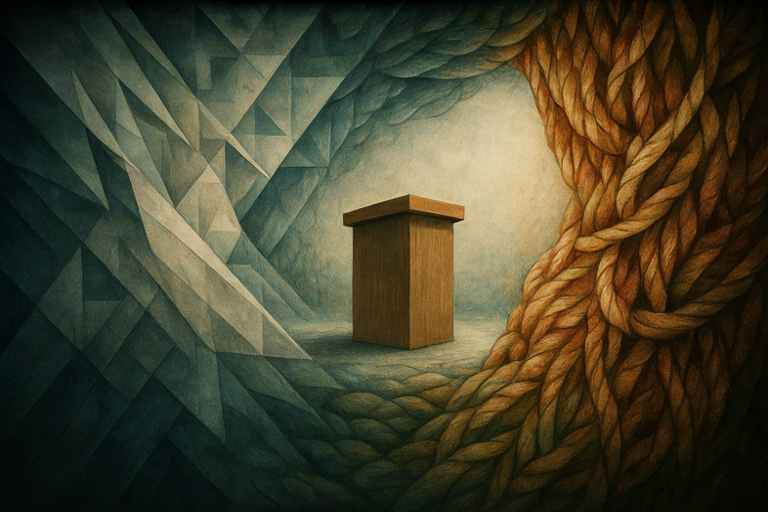 Editorial illustration depicting the tension between ideological structures and communal inclusion within a political setting.