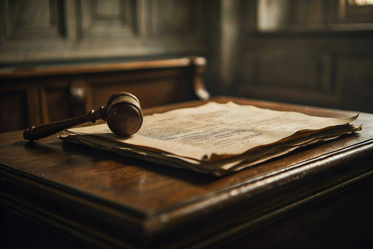 Conceptual illustration of a legal document and gavel on a dark wood surface in a solemn courtroom setting.