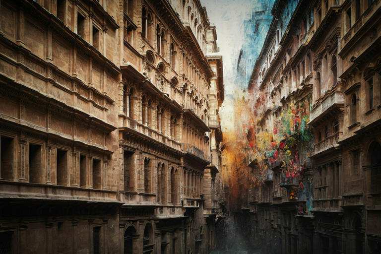Editorial illustration showing the contrast between historical Flemish architecture and the multicultural influences within a modern European city.