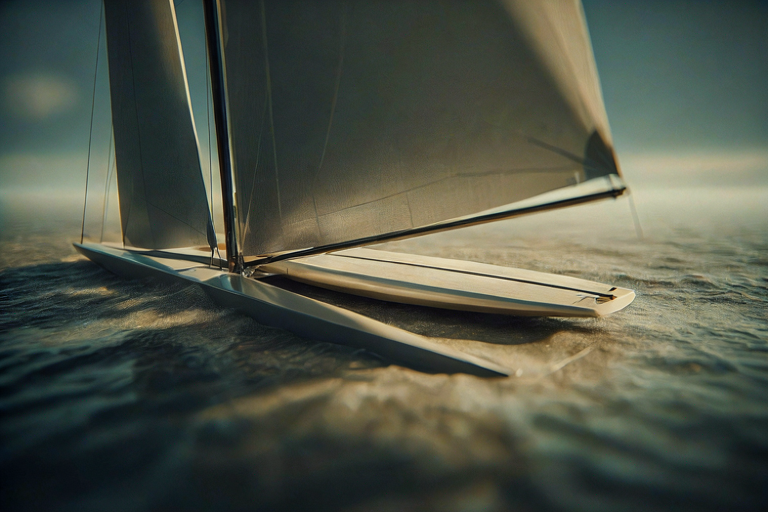 Editorial illustration of a stylized sailing vessel and windsurfing board on a calm surface, symbolizing athletic achievement and transition.