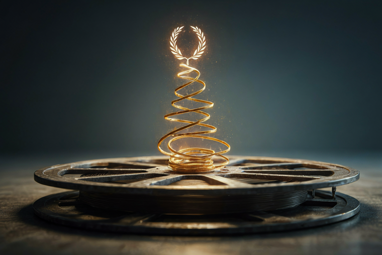 An abstract illustration depicting a film reel with a luminous golden thread spiraling upwards towards a subtle laurel wreath, symbolizing a major film festival's pathway to international award recognition.
