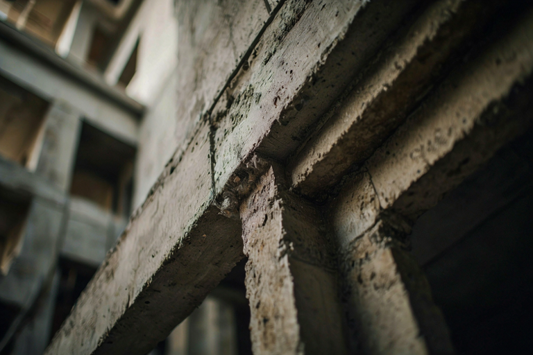 Editorial illustration of a steel reinforcement bar embedded in concrete within a luxury construction site, emphasizing structural inspection.