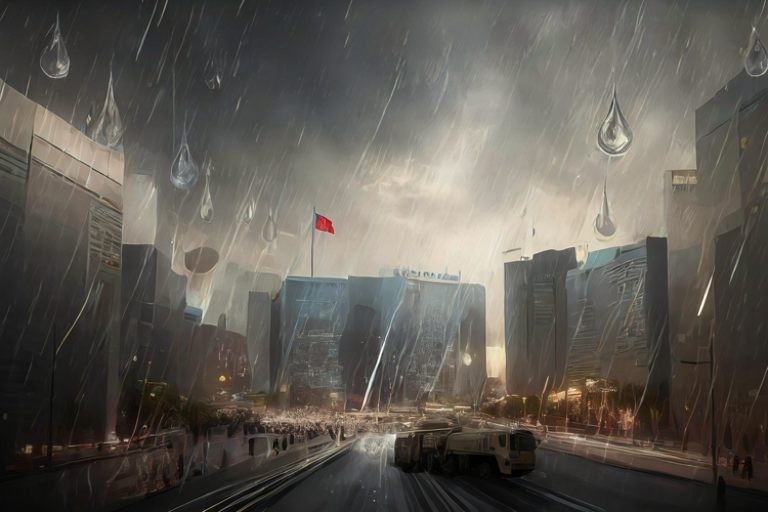 Editorial illustration of a modern city under heavy rain forecast, symbolizing the intersection of weather and a major financial summit.