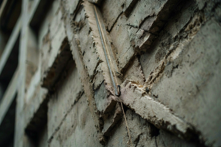 Editorial illustration depicting a taut plumb line against flawed concrete structure, symbolizing stricter building regulations.