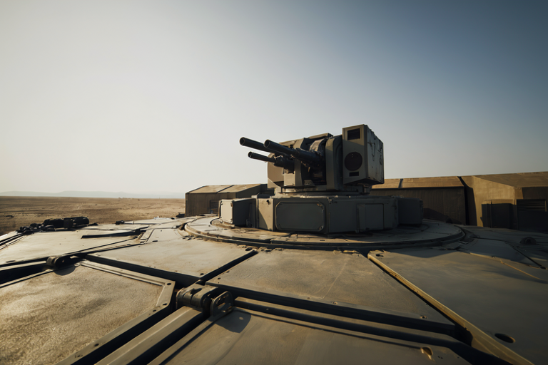 Conceptual illustration of a modern mobile air defense system in an arid landscape.