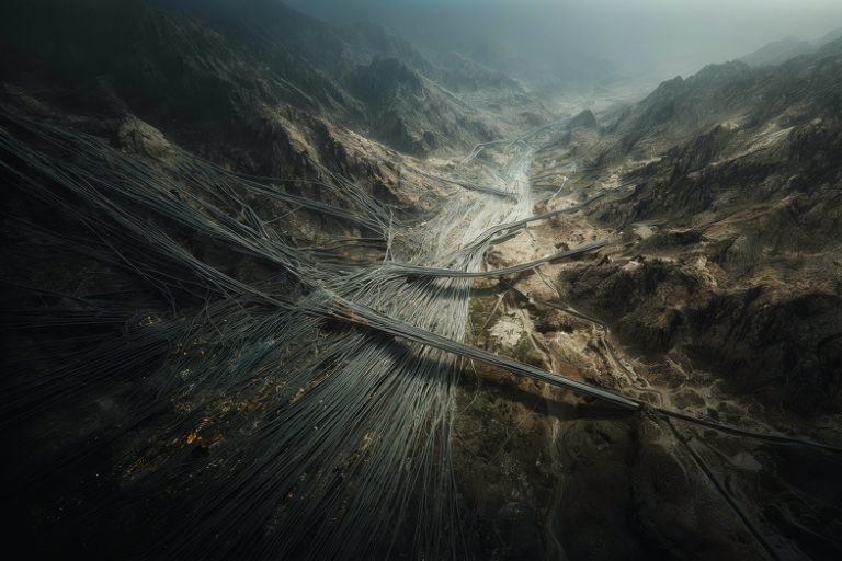 Conceptual illustration of digital data streams crossing a rugged border, symbolizing cross-border cybercrime and law enforcement challenges.