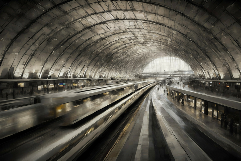 Editorial illustration of a vast, modern railway station concourse emphasizing scale and rapid transit flow.
