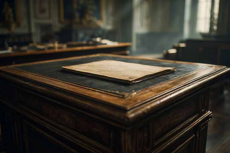 A dramatic, wide-screen editorial illustration of a formal, empty office interior with a single document on a large wooden desk, emphasizing solitude and official duty.