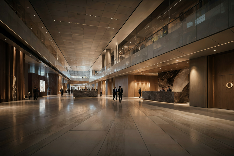 Editorial illustration of a grand, modern convention center lobby with polished stone reception area, suggesting a high-level international meeting.