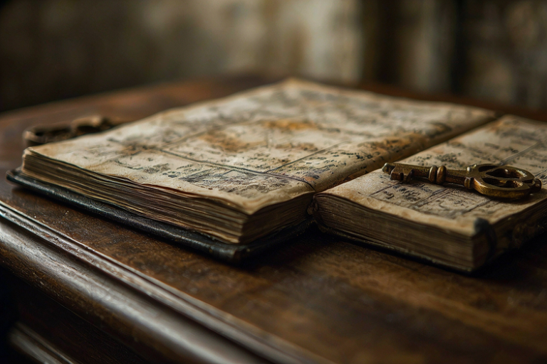 Editorial illustration of a heavy, open ledger and a brass key on a dark wood surface, symbolizing rising insurance fraud values.