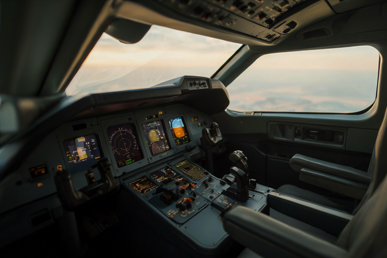 Editorial illustration of a modern aircraft cockpit interior, focusing on the complex instrumentation and control panel under focused, dramatic lighting.