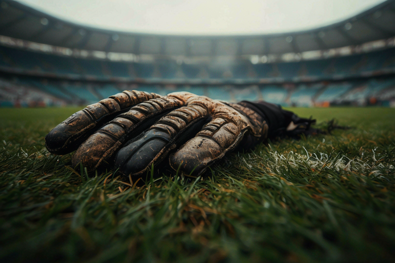 A close-up editorial illustration of a single goalkeeper's glove resting on turf, symbolizing reflection on past performance and future hope.