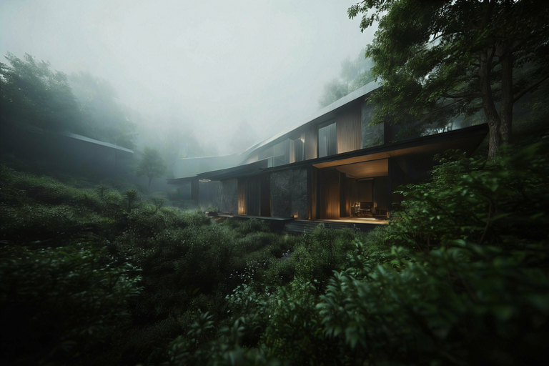 Editorial illustration of a modern villa within a misty, cool, lush landscape, emphasizing serene architecture and atmospheric fog.