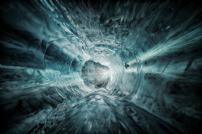 Conceptual illustration of high-energy neutrinos traveling through a massive, crystalline ice structure.