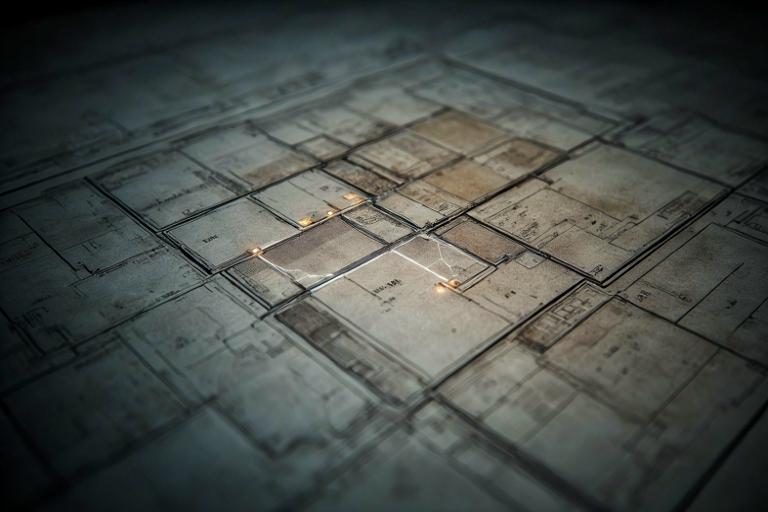 Conceptual illustration of a property document overlaid with a faint infrastructure grid, symbolizing a review of real estate transactions against planned transit locations.
