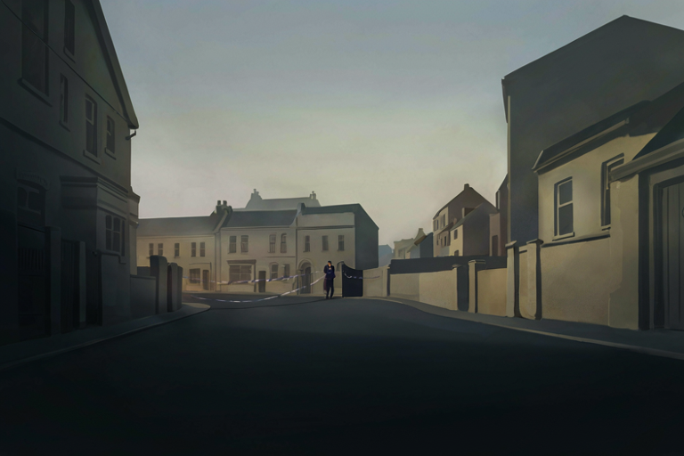 A somber editorial illustration of a residential street with a police cordon near a house under an overcast sky.